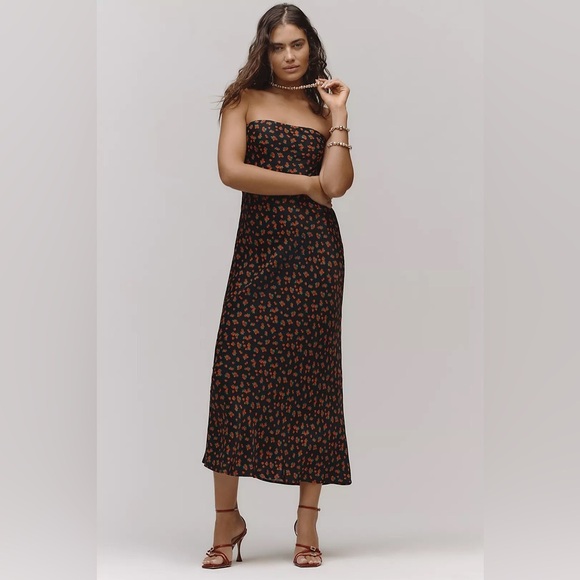 NWT! By Anthropologie Black Motif Satin Midi Slip Dress - Multiple Sizes - Picture 1 of 5